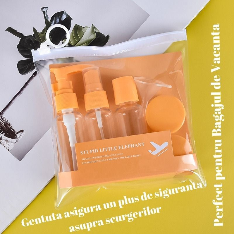 Set Recipiente pentru Cosmetice, Kit Calatorie Reutilizabil cu Gentuta, Plastic, Portocaliu, 5 Piese, 40 ml si 10 g