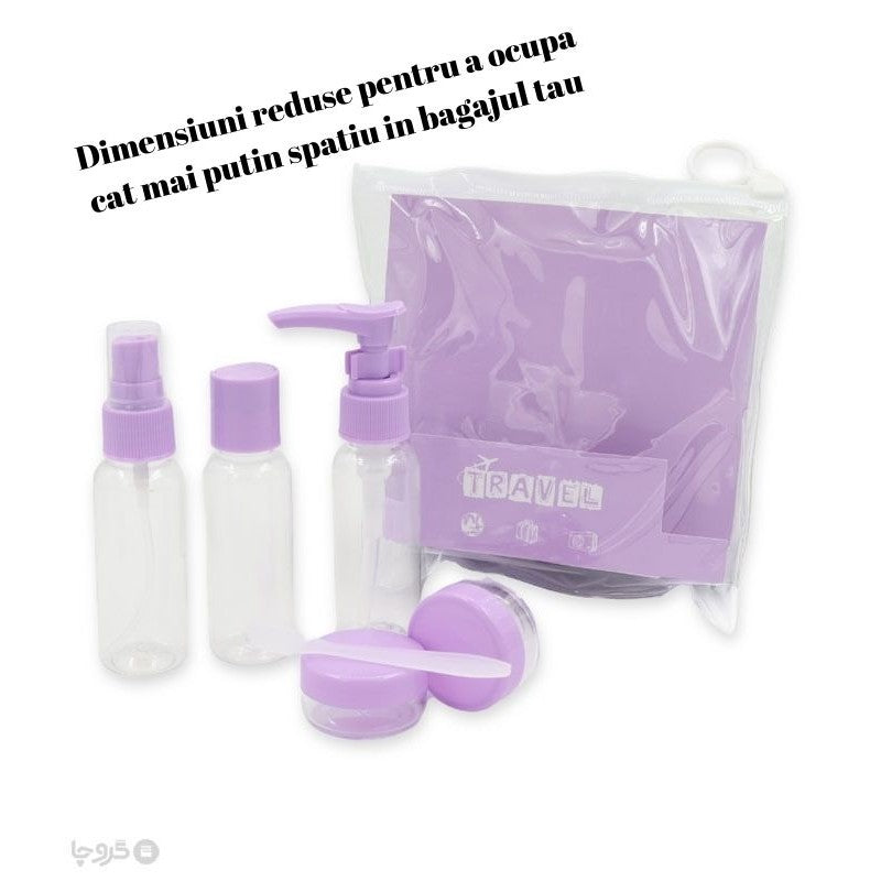 Set Recipiente pentru Cosmetice, Kit Calatorie Reutilizabil cu Gentuta Inclusa, Material Plastic, 5 Piese, Mov, 40 ml si 10 g