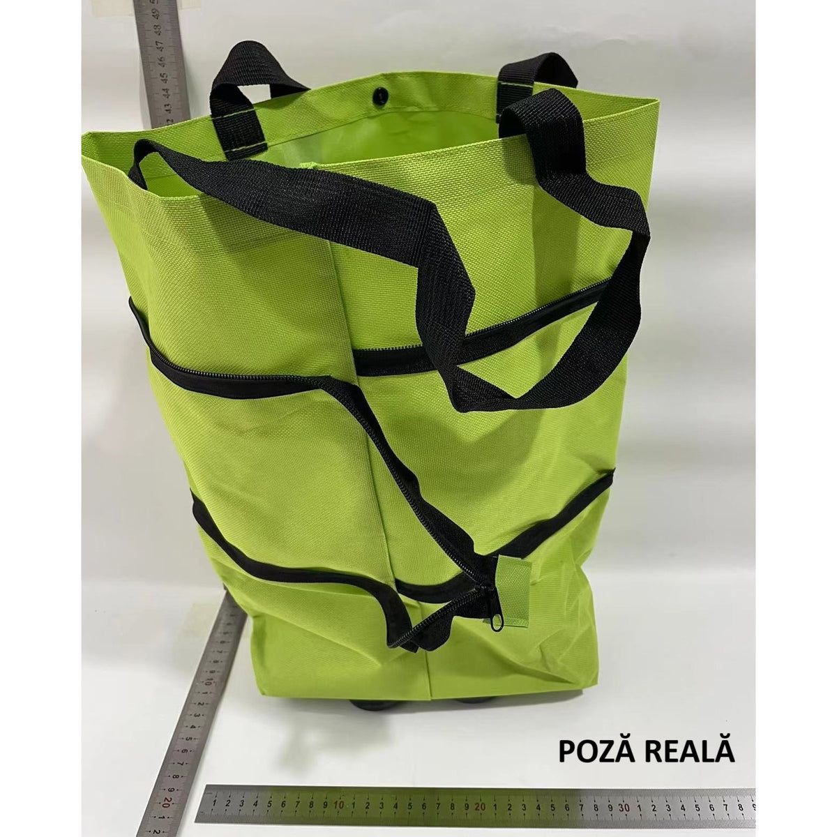 Geanta Cumparaturi Pliabila 2 in 1, Carucior cu Roti Reutilizabil si Ecologic, Material Rezistent, Capacitate 19 l, Verde, 39 x 46 x 12 cm