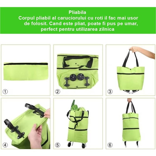 Geanta Cumparaturi Pliabila 2 in 1, Carucior cu Roti Reutilizabil si Ecologic, Material Rezistent, Capacitate 19 l, Verde, 39 x 46 x 12 cm