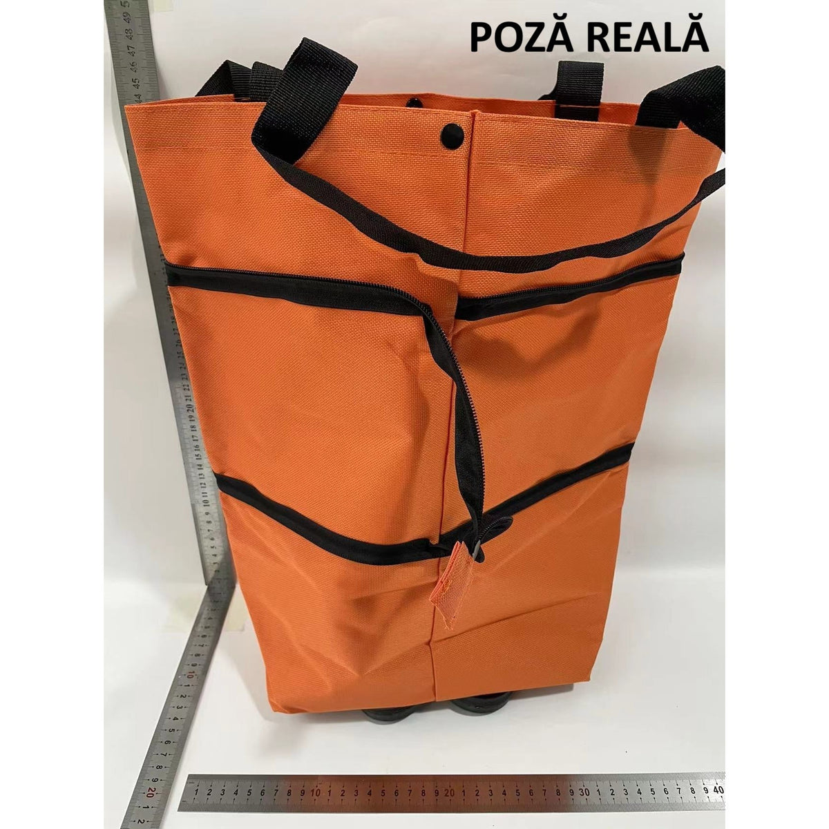 Geanta Cumparaturi Pliabila cu Roti, Carucior 2 in 1 Reutilizabil si Compact, Material Sintetic Rezistent, 19 l, Portocaliu, 39 x 46 x 12 cm