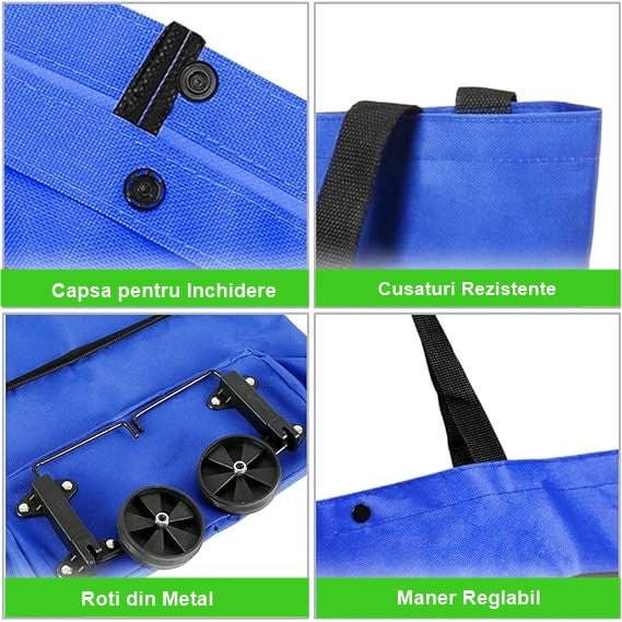Geanta Cumpărături Pliabilă, Carucior 2 în 1 cu Roti, Sac Reutilizabil și Ecologic, Material Plastic Rezistent, 19 l, 39 x 46 x 12 cm, Albastru