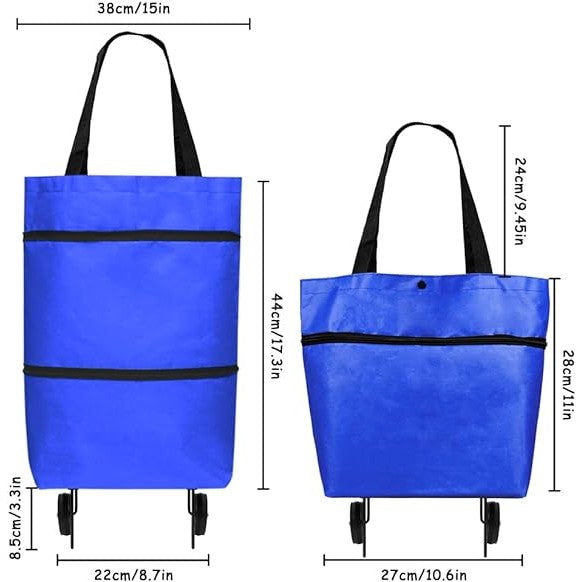 Geanta Cumpărături Pliabilă, Carucior 2 în 1 cu Roti, Sac Reutilizabil și Ecologic, Material Plastic Rezistent, 19 l, 39 x 46 x 12 cm, Albastru