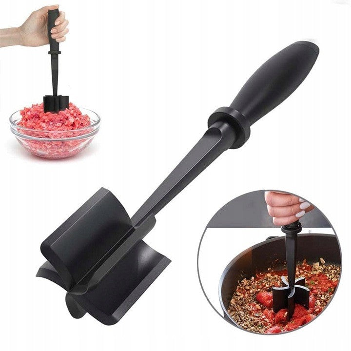 Tocator de Carne Manual si Spatula pentru Amestecat, 5 Lame Curbate Rezistente la Caldura, Plastic ABS de Calitate Alimentara, 28x6 cm, Negru