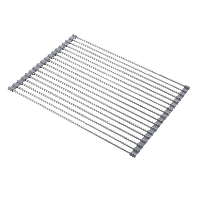 Covoras de Scurgere Chiuveta Bucatarie, Suport Pliabil pentru Vase si Legume, Otel Inoxidabil si Silicon, 15 Tuburi, 37x30 cm, Gri
