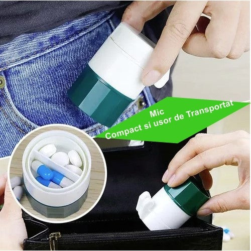 Cutie Pastile Multifunctionala 4 in 1, Dispozitiv pentru Taiere, Macinare si Depozitare, Pahar Apa Inclus, ABS cu Lama Inox, Alb/Verde, 8.7x6.2x4.1 cm