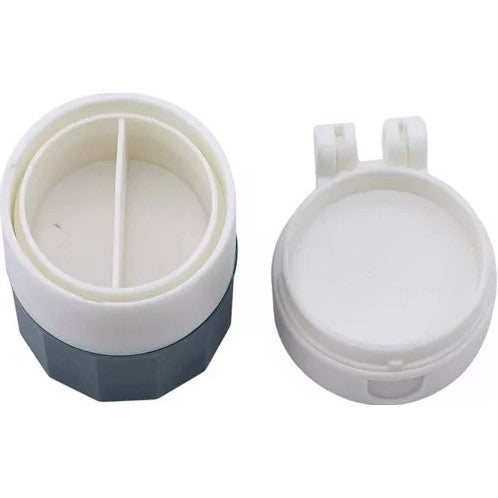 Cutie Pastile Multifunctionala 4 in 1, Dispozitiv pentru Taiere, Macinare si Depozitare, Pahar Apa Inclus, ABS cu Lama Inox, Alb/Verde, 8.7x6.2x4.1 cm