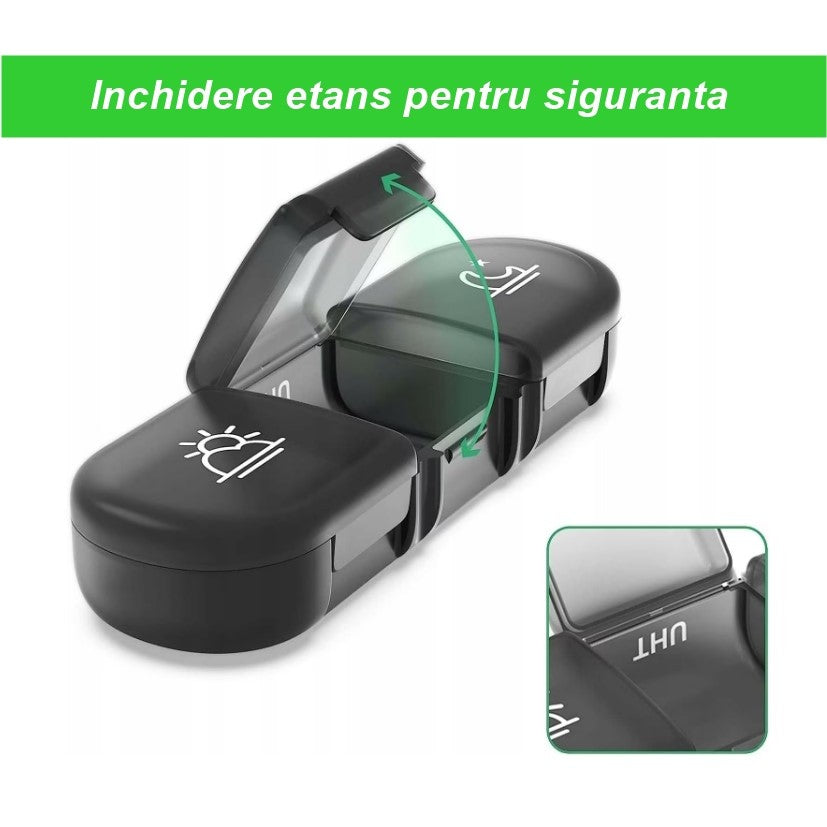 Organizator Medicamente Saptamanal, 7 Zile cu 21 Compartimente Detasabile, Suport Pastile Dimineata Pranz Seara, Plastic Fara BPA, Negru, 15.6x12 cm