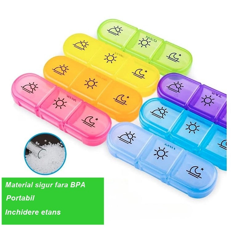 Organizator Medicamente 7 Zile cu 21 Compartimente Detasabile, Planificator Saptamanal Dimineata Pranz Seara, Plastic Fara BPA, Multicolor, 15.6x12 cm