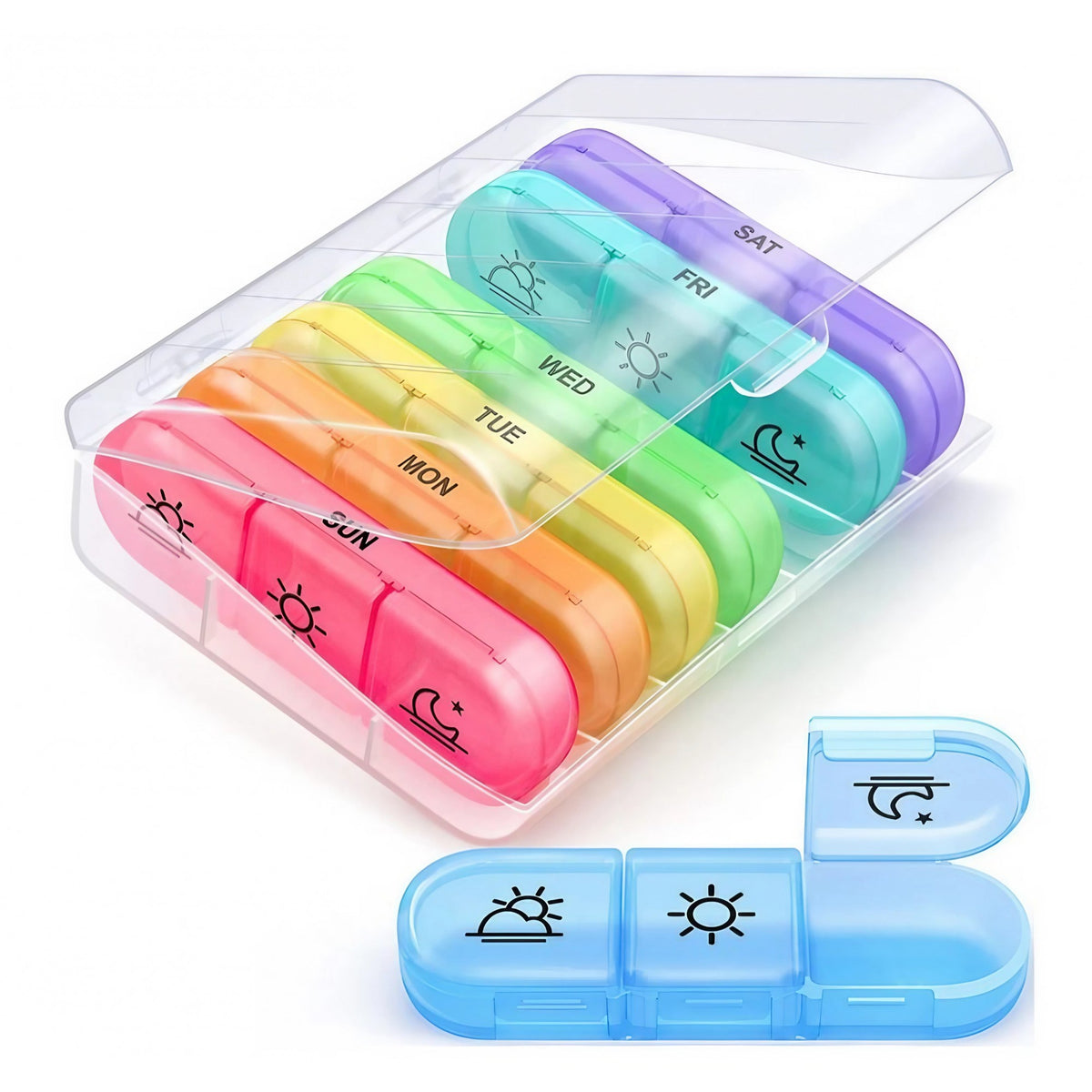 Organizator Medicamente 7 Zile cu 21 Compartimente Detasabile, Planificator Saptamanal Dimineata Pranz Seara, Plastic Fara BPA, Multicolor, 15.6x12 cm
