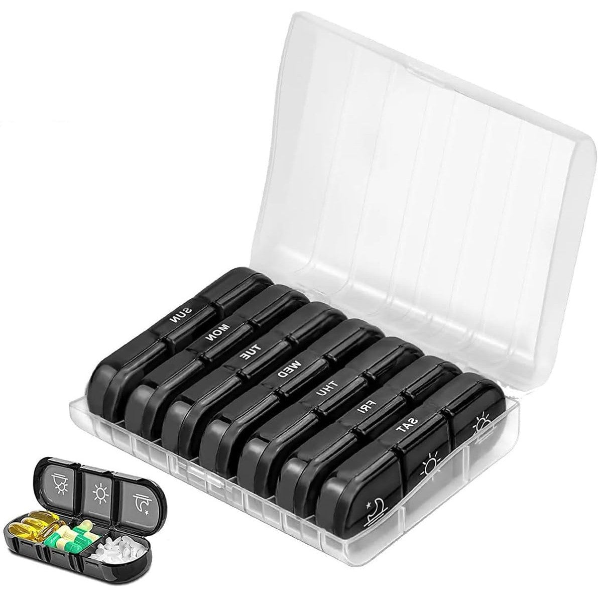 Organizator Medicamente 7 Zile, Cutie Depozitare Pilule cu 21 Compartimente Detasabile, Planificator Dimineata Pranz Seara, Plastic Fara BPA, Negru si Transparent, 15.6x12 cm