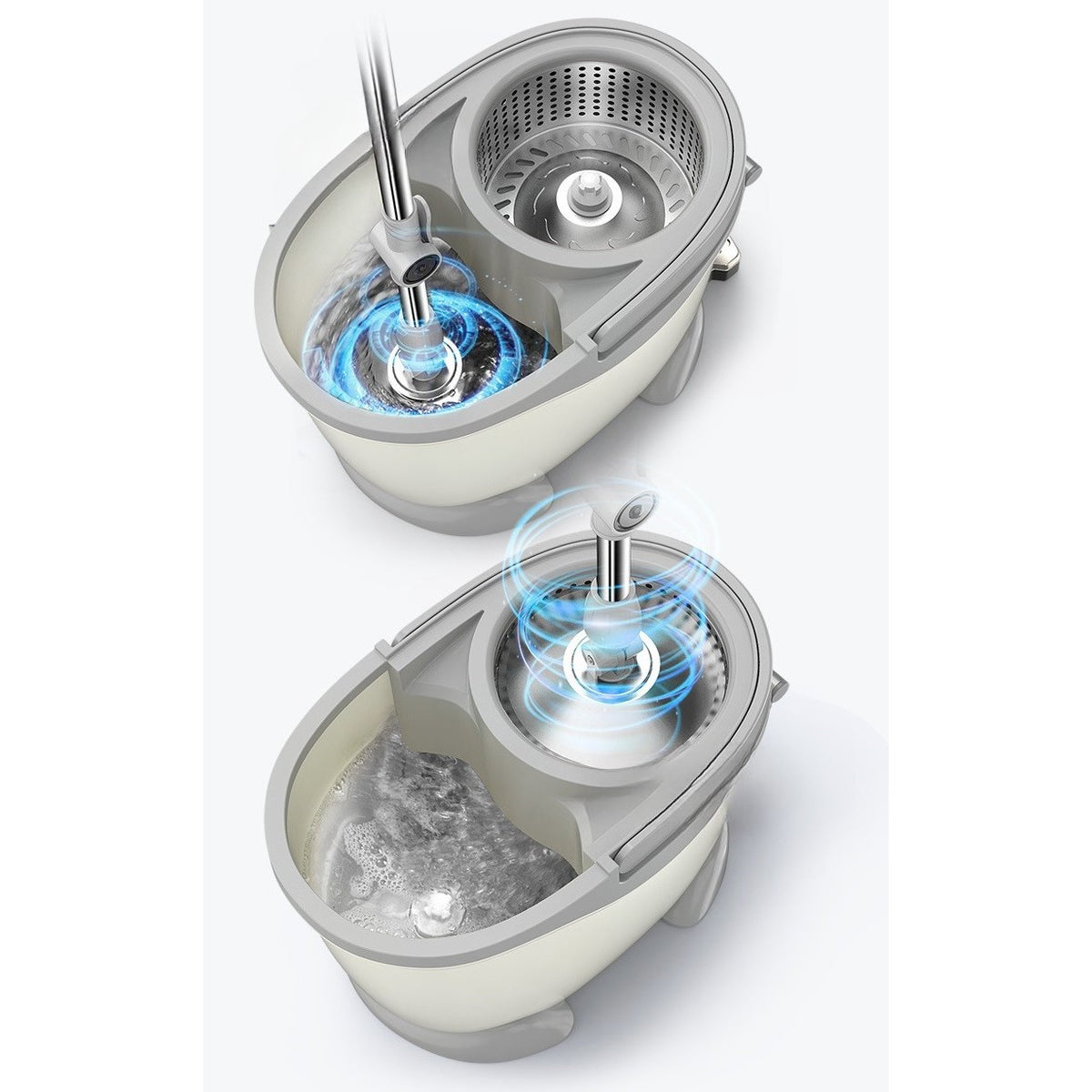 Set Galeata cu Pedala si Mop Rotativ 360 Grade, Stoarcere Centrifuga, Maner Telescopic Otel Inoxidabil, 2 Rezerve Bumbac, 46x30x28 cm, Alb Ivoir