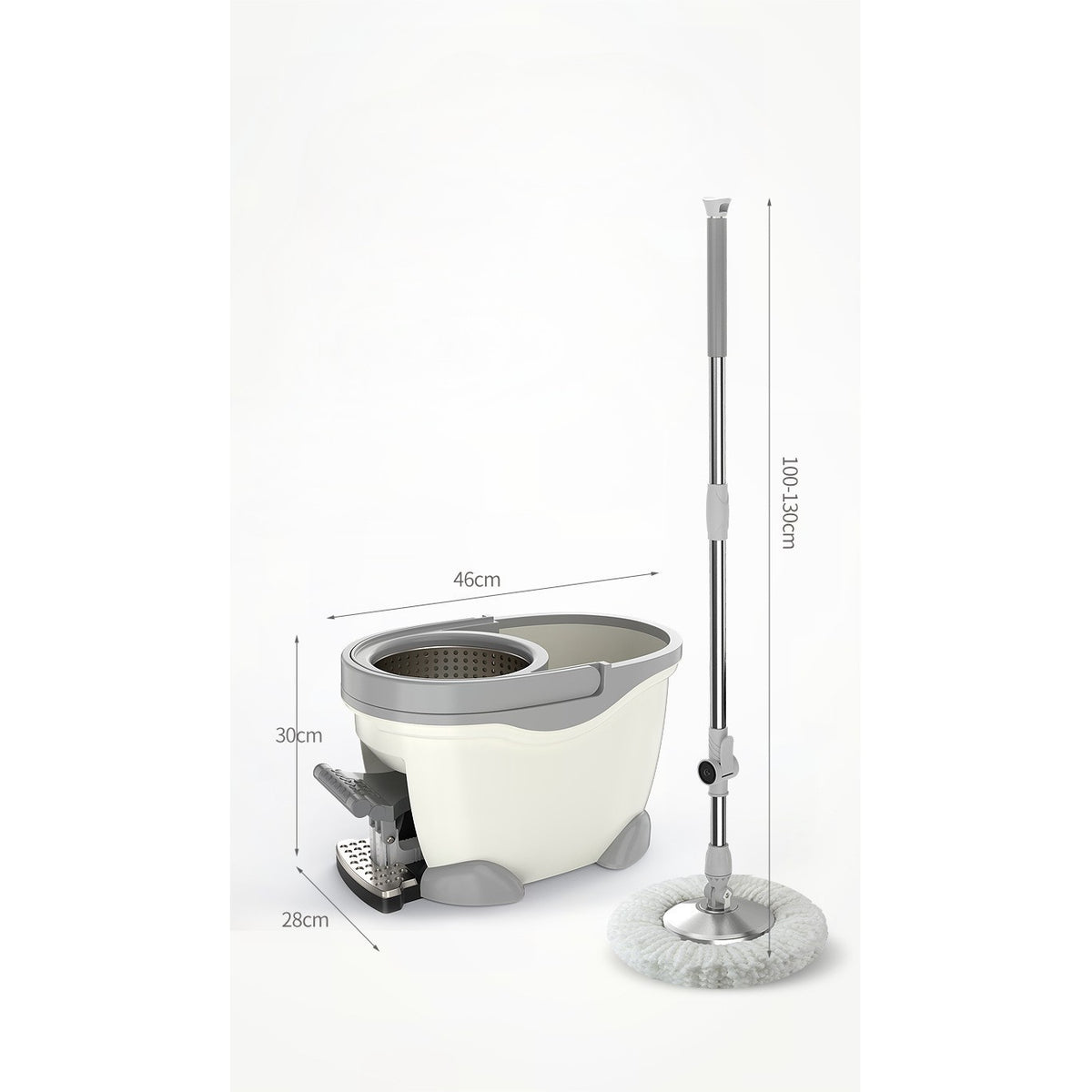 Set Galeata cu Pedala si Mop Rotativ 360 Grade, Stoarcere Centrifuga, Maner Telescopic Otel Inoxidabil, 2 Rezerve Bumbac, 46x30x28 cm, Alb Ivoir