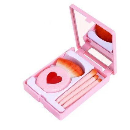Set 4 Mini Pensule Machiaj Portabile, Carcasa cu Oglinda, Peri Sintetici Moi, Roz, 12x7x2.5 cm