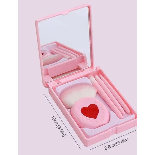 Set 4 Mini Pensule Machiaj Portabile, Carcasa cu Oglinda, Peri Sintetici Moi, Roz, 12x7x2.5 cm