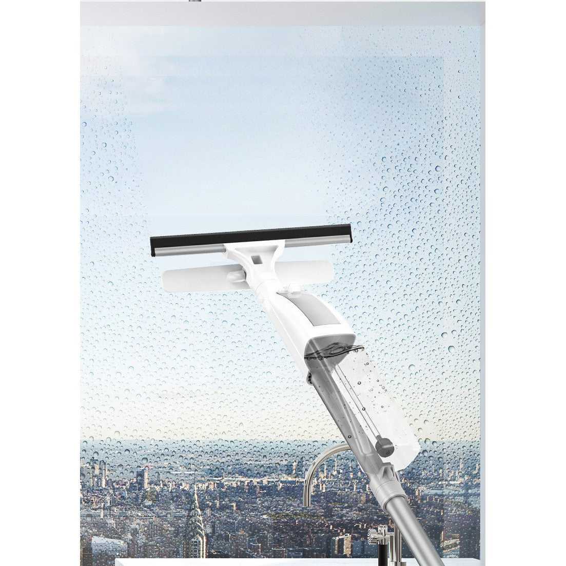 Stergator de Geamuri cu Doua Fete, Tija Telescopica si Pulverizator Apa, Racleta Silicon si Laveta Microfibra, Otel Inoxidabil, 120 cm, Alb