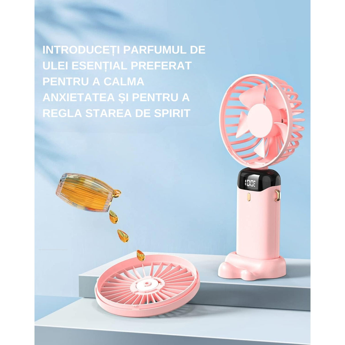 Ventilator Portabil 3 in 1 cu Aromaterapie, Ecran LCD si 5 Trepte de Viteza, Incarcare USB Tip C, Acumulator Autonomie 12h, Design Pliabil pentru Mana, Birou sau Gat, Roz