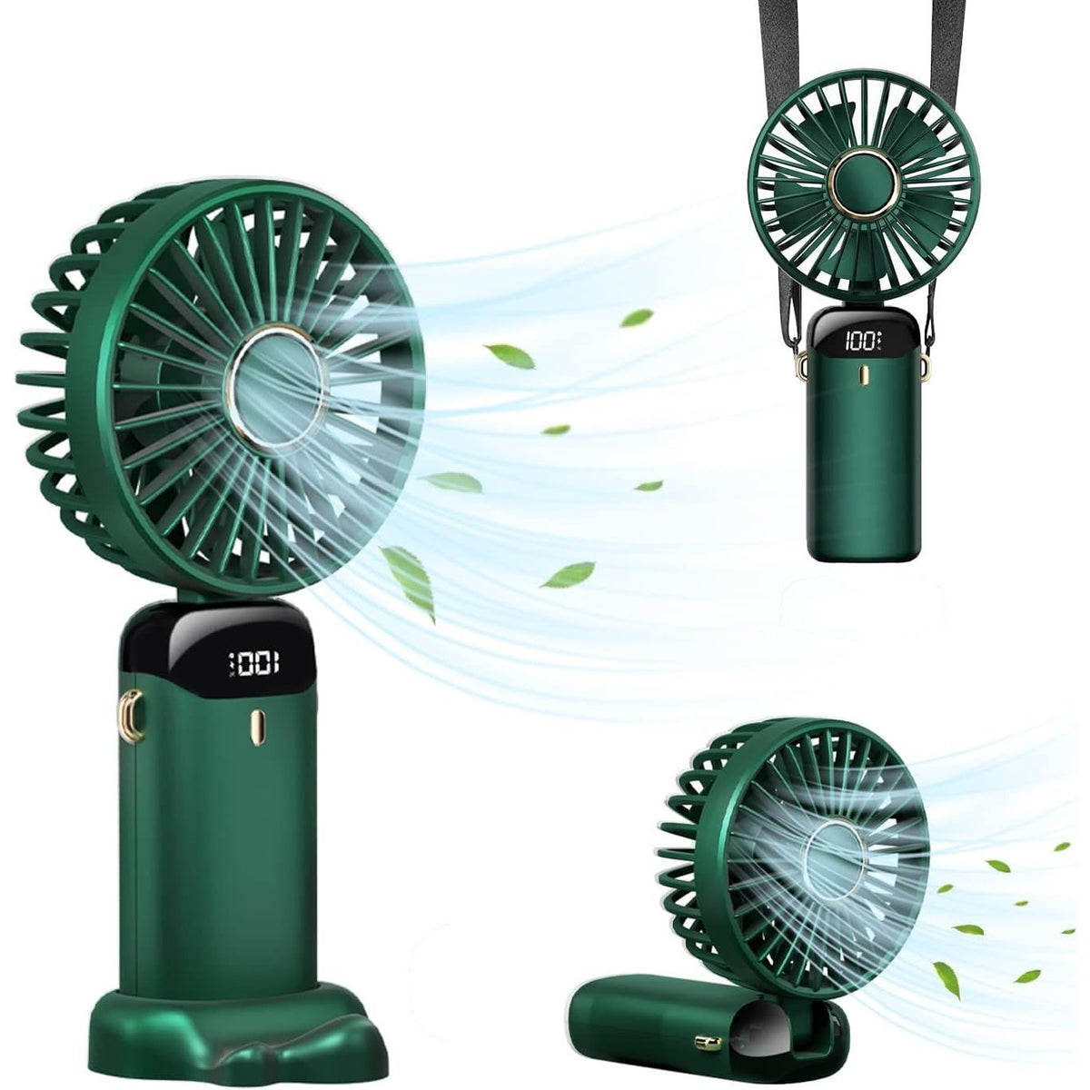 Ventilator Portabil 3 in 1 cu Aromaterapie, de Mana, Birou si Gat, 5 Trepte de Viteza, Pliabil cu Ecran LCD si Incarcare USB Tip C, Autonomie 12h, Verde