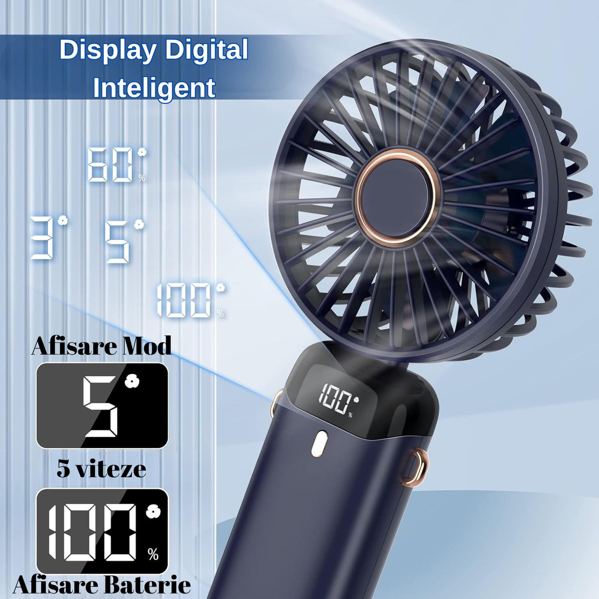 Ventilator Portabil 3 in 1 cu Aromaterapie, Ecran LCD, 5 Trepte de Viteza, Pliabil pentru Mana, Birou sau Gat, Incarcare USB, Autonomie 12h, Albastru