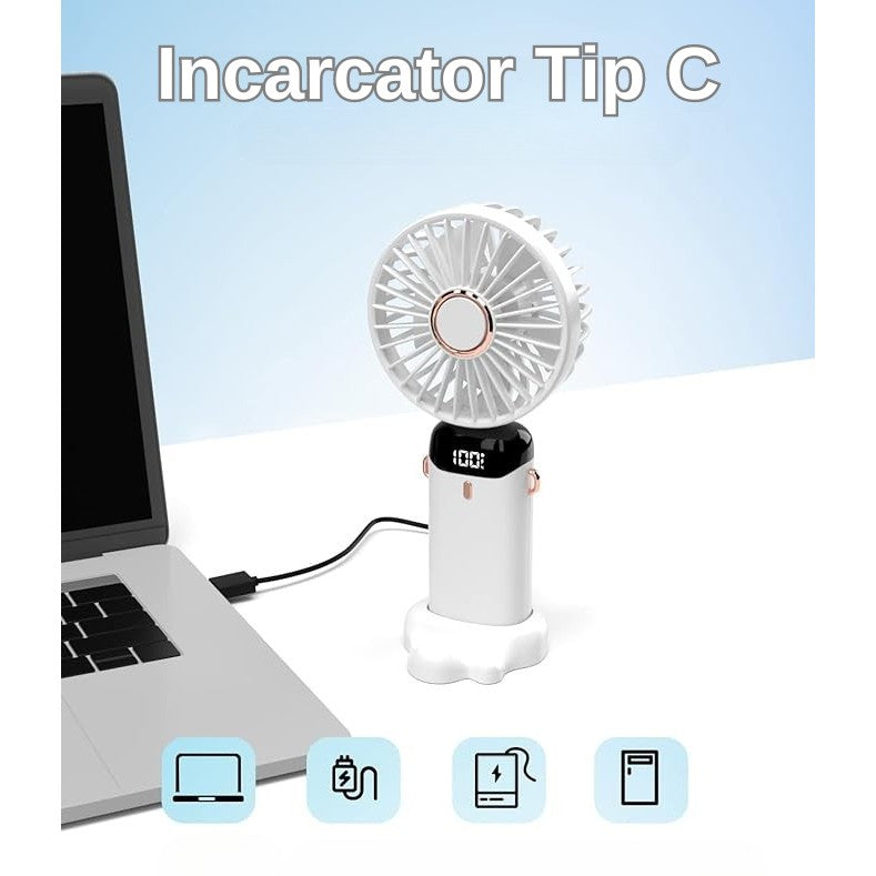Ventilator Portabil 3 in 1 cu Aromaterapie, Ecran LCD si 5 Trepte de Viteza, Incarcare USB Tip C, Acumulator 12h, Design Pliabil pentru Mana, Birou sau Gat, Alb