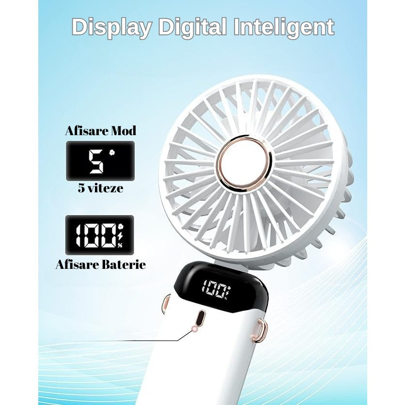 Ventilator Portabil 3 in 1 cu Aromaterapie, Ecran LCD si 5 Trepte de Viteza, Incarcare USB Tip C, Acumulator 12h, Design Pliabil pentru Mana, Birou sau Gat, Alb