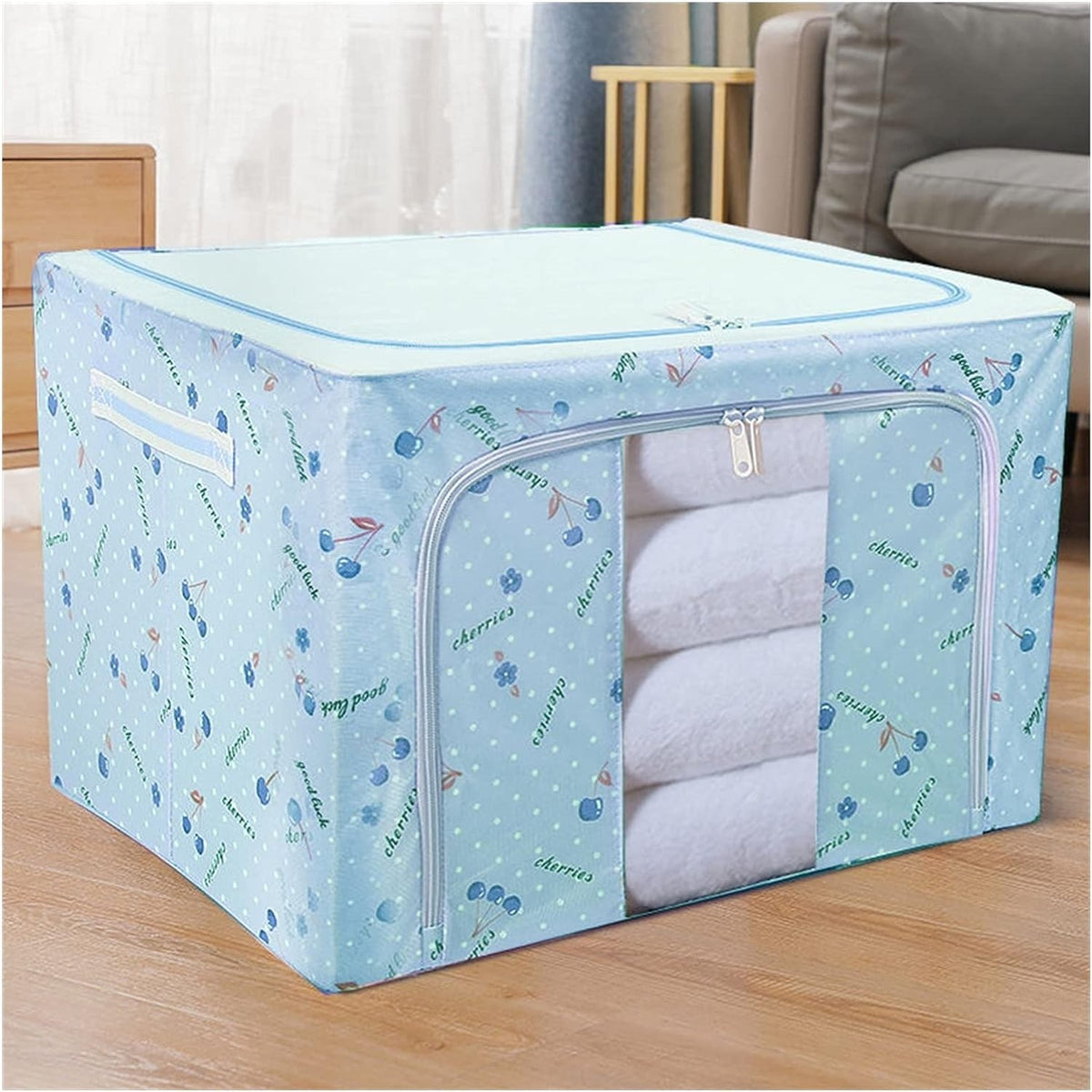 Cutie Depozitare Pliabilă cu Fermoar, Capacitate 66 L, Material Textil Oxford Impermeabil, 50x40x33 cm, Cadru Metalic Stivuibil, 2 Ferestre, Albastru cu Imprimeu Cireșe