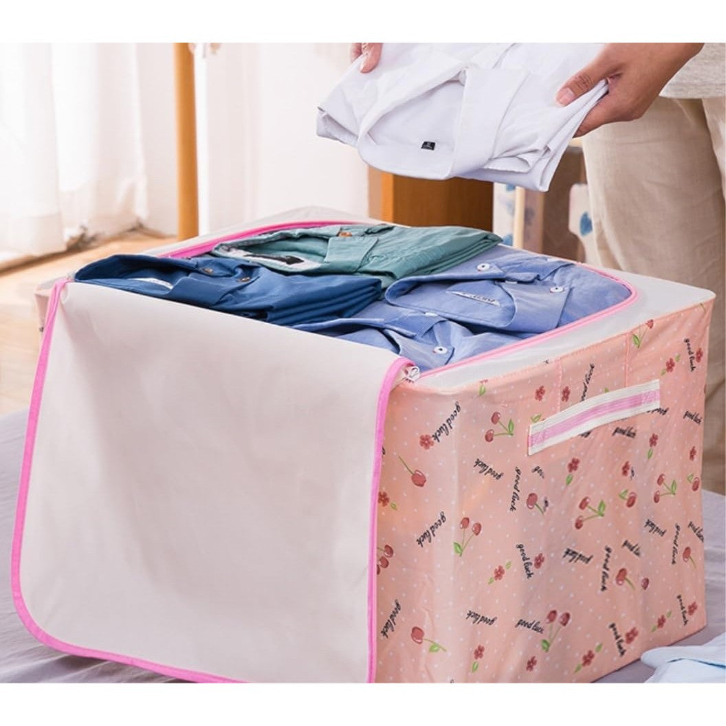 Cutie Depozitare Pliabila pentru Haine si Lenjerie, Cadru Metalic Stivuibil, Fereastra Transparenta si Fermoar Dublu, Material Oxford Impermeabil, 66 L, 50x40x33 cm, Roz cu Cirese