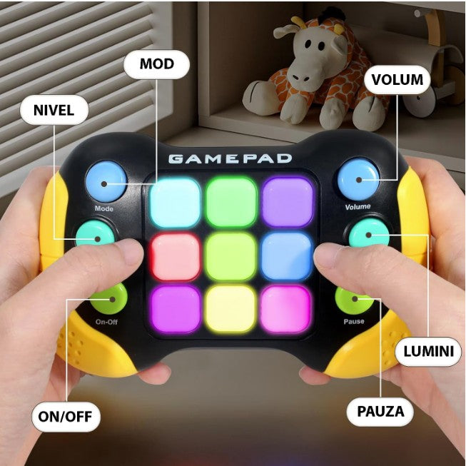 Consola Interactiva Pop It, Jucarie Educativa cu 5 Moduri de Joc si 600 Niveluri, 6 Butoane Functionale, Efecte Sonore si Lumini RGB, Material ABS, Galben/Negru, +3 Ani