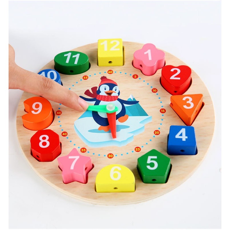 Jucarie Educativa Berbis, Tip Montessori, Model Ceas Pinguin, din Lemn, + 36 Luni, 12 Piese, 17.2 cm, Multicolor