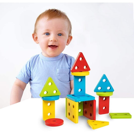 Jucarie Educativa Montessori, Sortator Forme Geometrice pentru Copii, Lemn Masiv si MDF, 16 Piese, 12 x 12 cm, +36 Luni, Multicolor