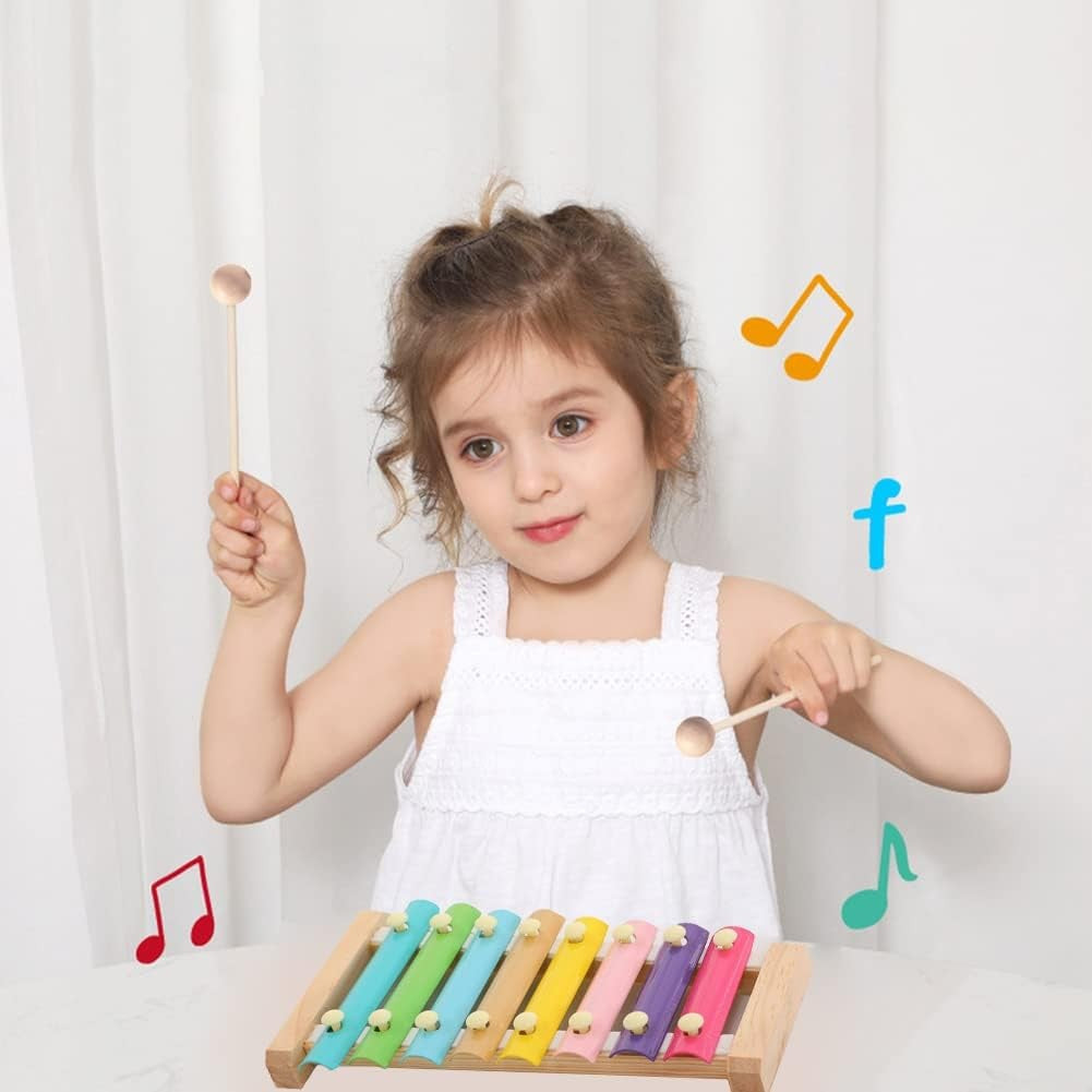 Xilofon Jucarie Muzicala, 8 Note Metalice, Instrument Educativ din Lemn, Dezvoltare Abilitati Motorii, Include 2 Bete Percutie, 4-6 Ani, Multicolor Pastel