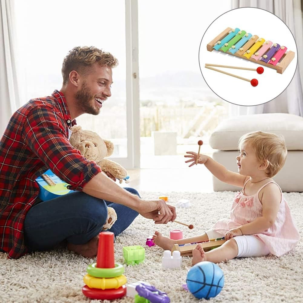 Xilofon Jucarie Muzicala, 8 Note Metalice, Instrument Educativ din Lemn, Dezvoltare Abilitati Motorii, Include 2 Bete Percutie, 4-6 Ani, Multicolor Pastel