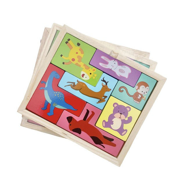 Puzzle din Lemn Tip Tetris pentru Copii, Joc Educativ 3D cu Animale, Dezvoltare Abilitati Cognitive si Motorii, Lemn Natural, 7 Piese, Multicolor, +4 Ani