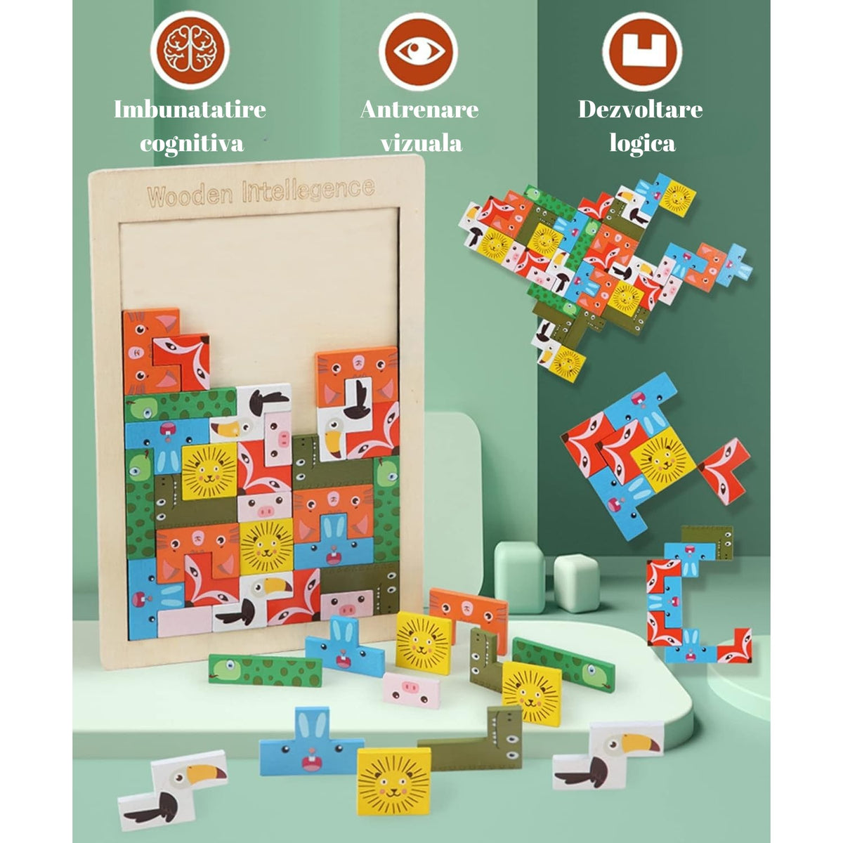 Puzzle Tetris din Lemn, Joc Educativ si Interactiv cu Animale 3D, Dezvoltare Cognitiva si Logica, Lemn Natural, 40 Piese, Multicolor, +4 Ani