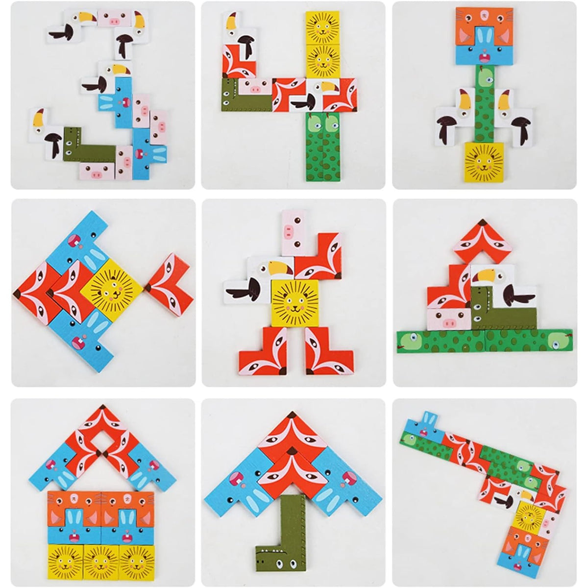 Puzzle Tetris din Lemn, Joc Educativ si Interactiv cu Animale 3D, Dezvoltare Cognitiva si Logica, Lemn Natural, 40 Piese, Multicolor, +4 Ani