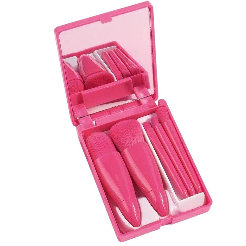 Set 5 Mini Pensule Machiaj Portabile, Carcasă cu Oglindă pentru Voiaj, Peri Sintetici Moi, Roz Fucsia, 12x7x2.5 cm