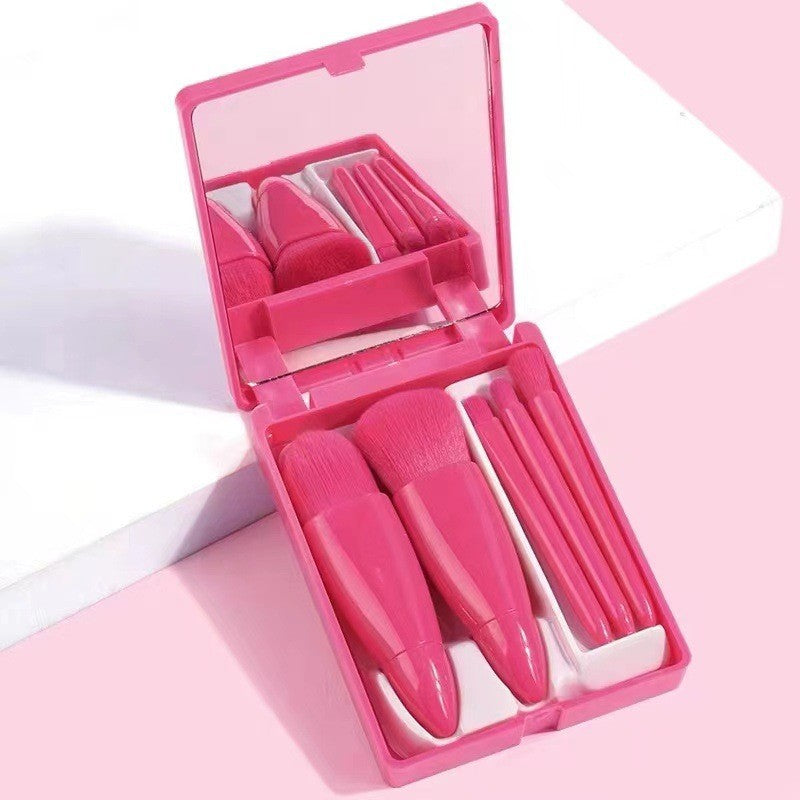Set 5 Mini Pensule Machiaj Portabile, Carcasă cu Oglindă pentru Voiaj, Peri Sintetici Moi, Roz Fucsia, 12x7x2.5 cm