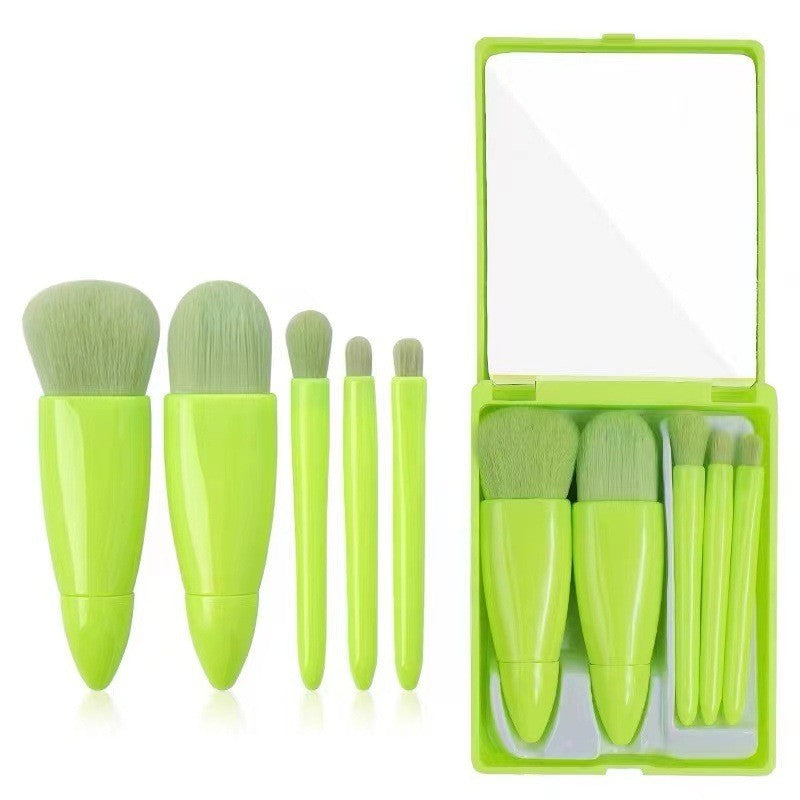 Set 5 Pensule Machiaj Portabile, Carcasă Compactă cu Oglindă, Peri Sintetici Moi, pentru Fond de Ten și Pudră, Verde Lime, 12x7x2.5 cm