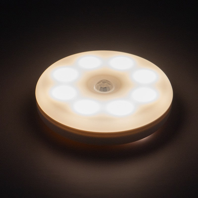 Lampa de Veghe LED cu Senzor de Miscare, Lumina Calda si Rece Selectabila, Incarcare USB, Acumulator 300mAh, Prindere Magnetica, 0.6W, Design Rotund, Alb, 8.5x2.3 cm