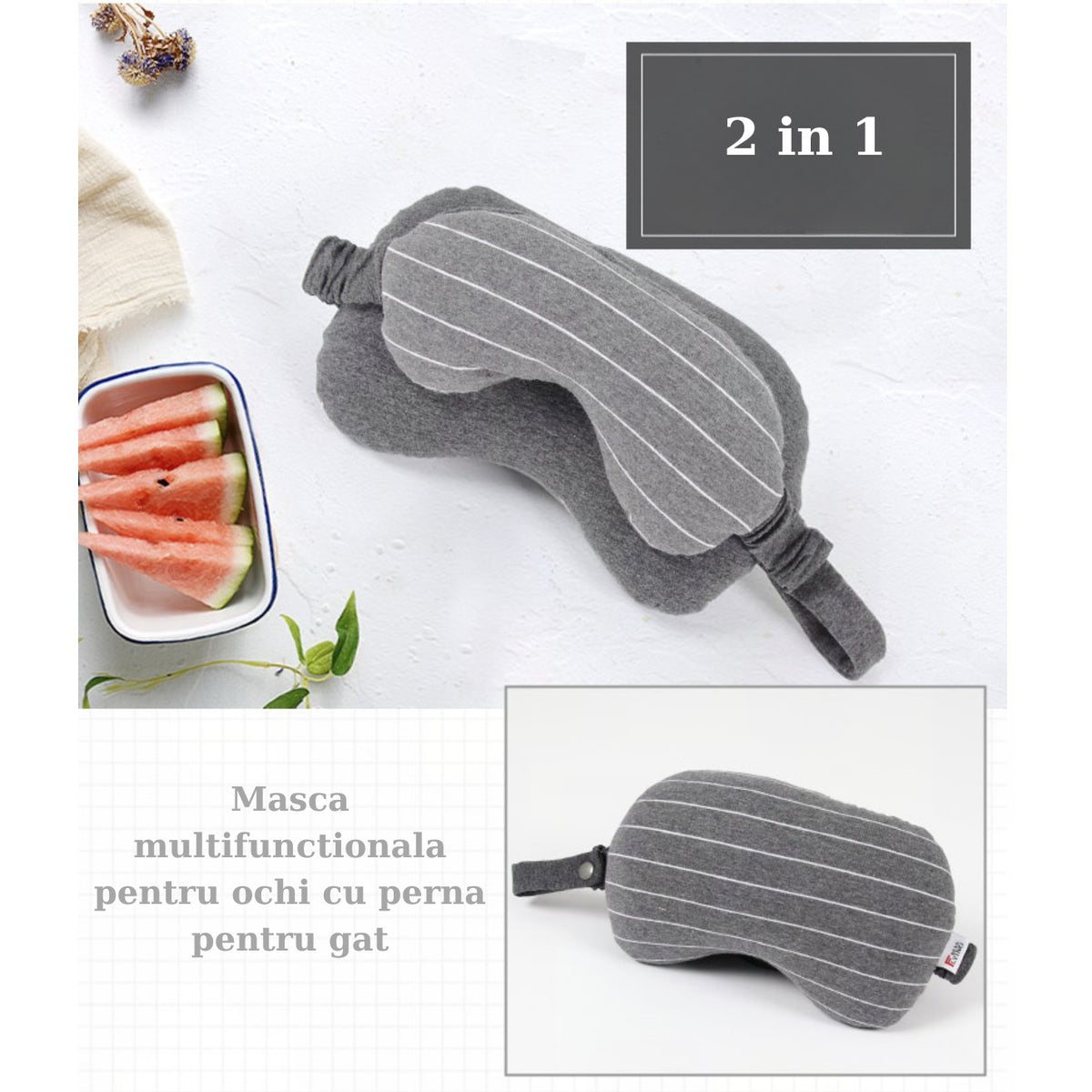 Masca de Dormit 2 in 1 si Perna Travel pentru Gat, Suport Cervical cu Particule de Spuma si Bumbac Respirabil, Husa Detasabila cu Fermoar, Gri Inchis