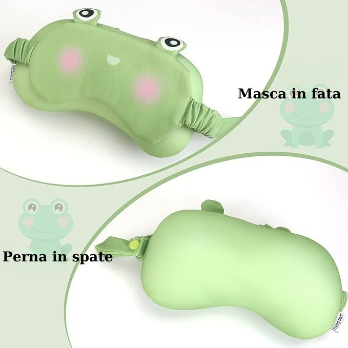 Masca de Dormit si Perna pentru Gat 2 in 1, Tetiera Calatorie cu Particule de Spuma si Bumbac, Design Broasca, Verde