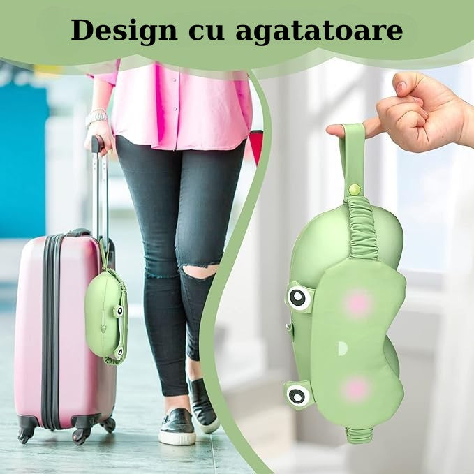 Masca de Dormit si Perna pentru Gat 2 in 1, Tetiera Calatorie cu Particule de Spuma si Bumbac, Design Broasca, Verde