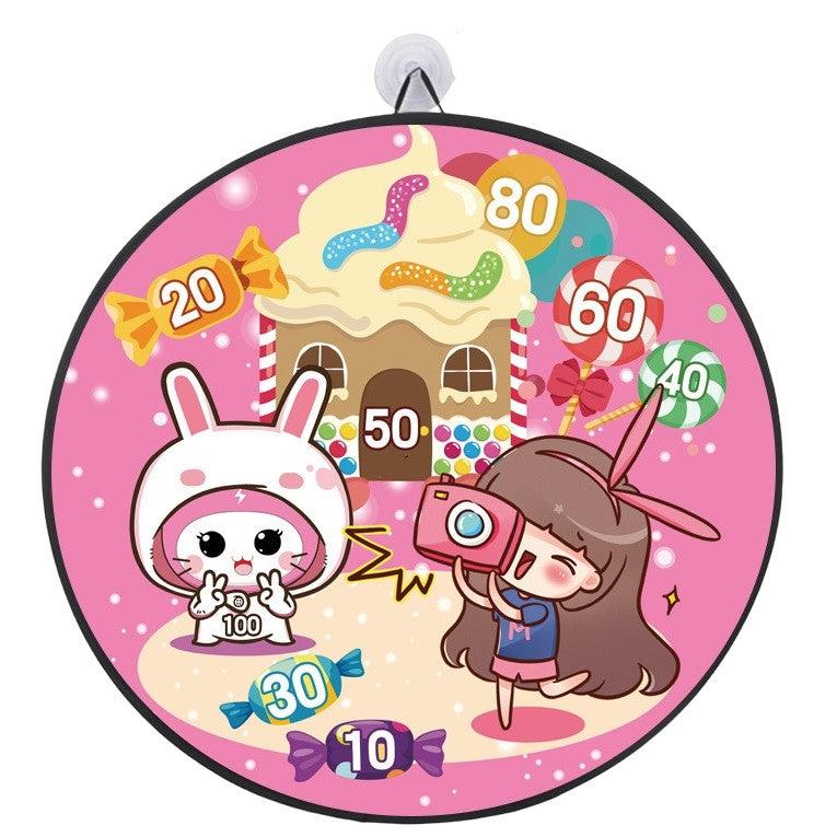 Joc Darts pentru Copii, Placa Pliabila cu 10 Mingi Velcro si Scai, 2 Bile Luminoase Flash, Model Acadele, Diametru 36.5 cm, Roz