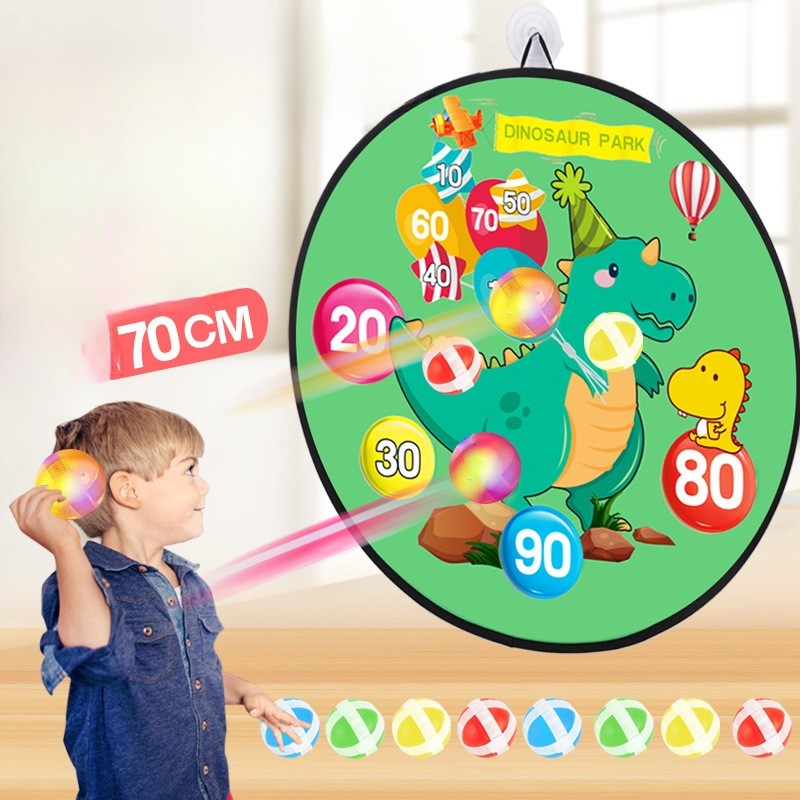 Joc Darts pentru Copii, Placa Pliabila cu Scai, Model Dinozaur Park, 8 Mingi Velcro si 2 Mingi Luminoase Flash, Verde, 70 cm