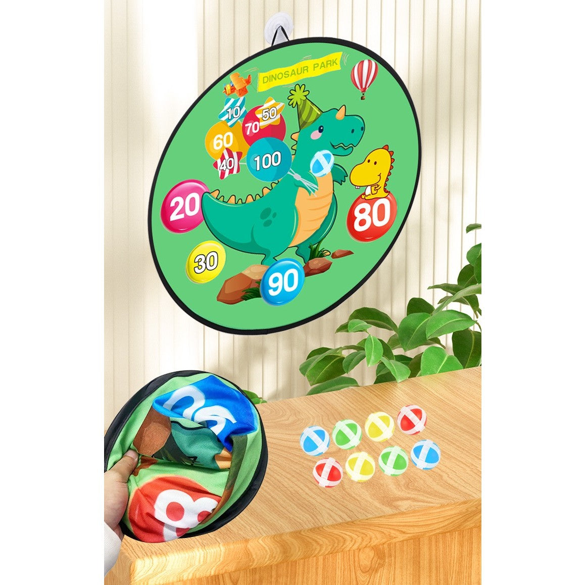 Joc Darts pentru Copii, Placa Pliabila cu Scai, Model Dinozaur Park, 8 Mingi Velcro si 2 Mingi Luminoase Flash, Verde, 70 cm