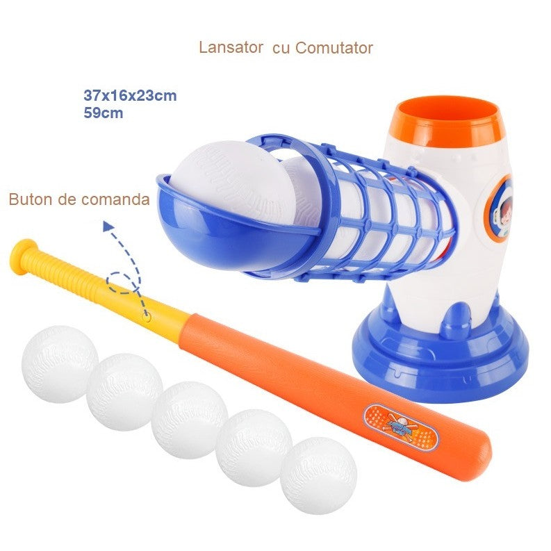Joc de Baseball Interactiv cu Lansator de Mingi, Set de Antrenament cu Buton si Servire Automata, Plastic ABS, Include Bata de 59 cm si 5 Mingi, Multicolor