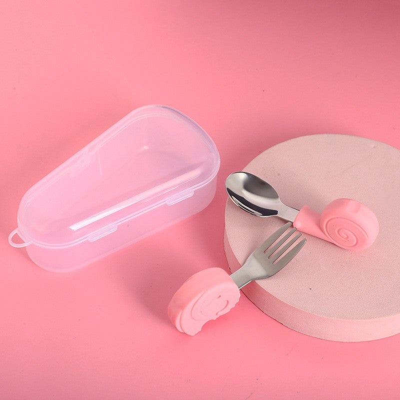 Set Tacamuri Bebelusi cu Lingura Elefant si Furculita Melc, Inox si Silicon Alimentar, Design Ergonomic Autodiversificare, 1-3 Ani, Multicolor, 2 Piese