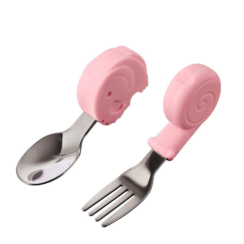 Set Tacamuri Bebelusi cu Lingura Elefant si Furculita Melc, Inox si Silicon Alimentar, Design Ergonomic Autodiversificare, 1-3 Ani, Multicolor, 2 Piese