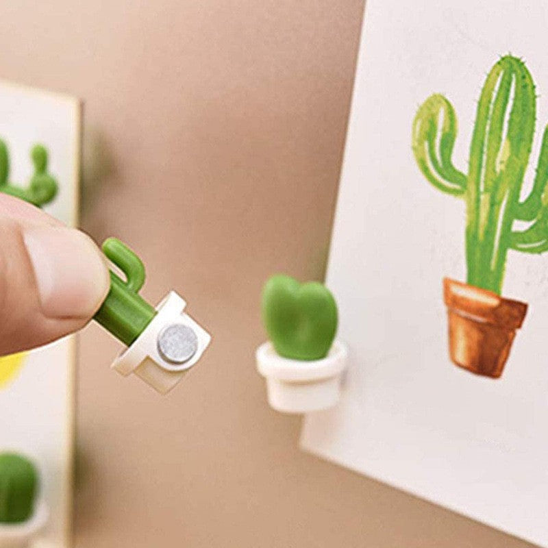 Set 6 Magneti De Frigider Decorativi, Model Cactusi In Ghiveci Si Frunze, Material ABS Ecologic, Verde/Alb
