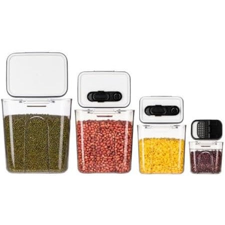 Set Recipiente Depozitare Alimente, Organizatoare Bucatarie cu Inchidere Ermetica, Plastic fara BPA, Transparent, 4 Bucati, 350 ml, 1300 ml, 2700 ml, 4600 ml